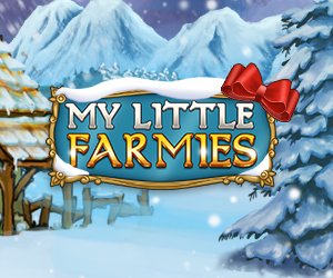 My littel Farmies Winter Bild mit Gebäude im Schnee und Logo